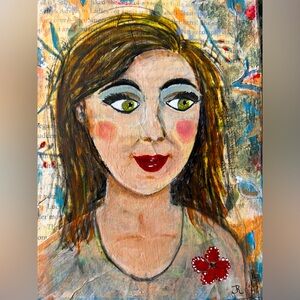 Original mixed media acrylic painting of woman with red broach, “Lyndy”. 5x7